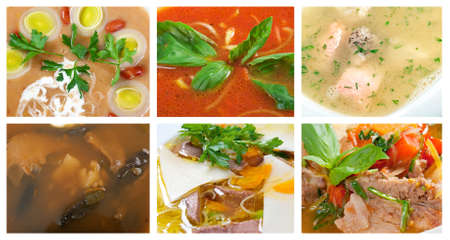 Collection of delicious and healthy soups  collage closeupの写真素材