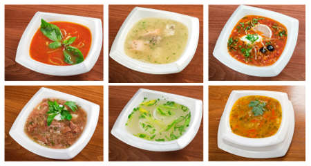 Food set of different  delicious and healthy soups  collageの写真素材