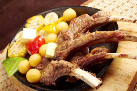 Japanese cuisine .Japanese spare ribs on a plate .meat lamb on rib の写真素材