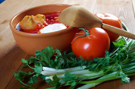 ukrainian and russian red-beet soup (borscht) with garlic and sour cream