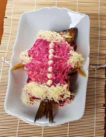 traditional russian salad with salted herring and beet -Selyodka Pod Shuboy (Dressed Herring)の写真素材