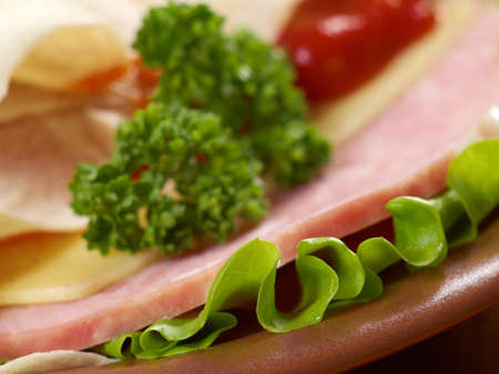 Pita Sandwich with cheese,ham,parsley,and tomato sauceの写真素材