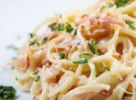spaghetti carbonara on bowl.closeupの写真素材