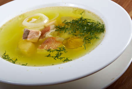 Ukha with sterlet , salmon . Russian homemade  traditional fish soup.の写真素材