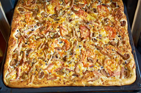 Large Rectangular pizza with  meat  .Shallow depth-of-field. の写真素材