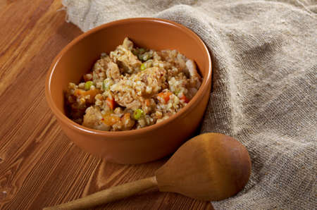 Russian Buckwheat porridge  vegetables und with chicken closeupの写真素材