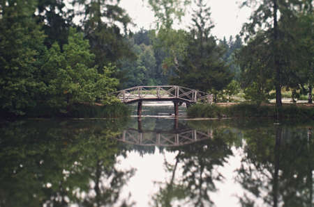 Wooden Bridge in  misty parkの写真素材
