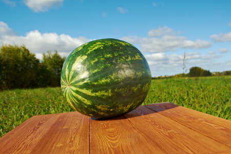 Watermelon on a wooden tableの写真素材