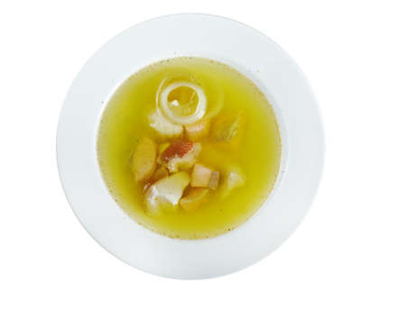 Ukha with sterlet , salmon . Russian homemade  traditional fish soup..isolatedの写真素材