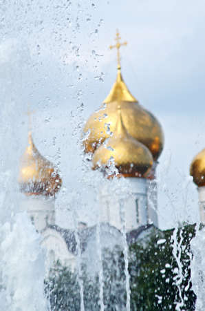 Fountain detail on background Ñathedral with golden domes, Yaroslavl, Russia の写真素材