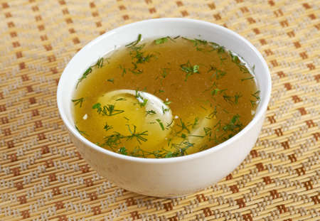 Chicken broth with dill and egg.closeupの写真素材