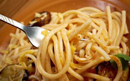 Pasta alla norma.recipe with tomato sauce, eggplant .ational dish of Sicilyの写真素材