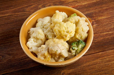 Vegetable Cauliflower  gratin .casserole on a rustic tableの写真素材