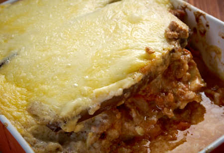 Lamb moussaka with egg plant cheese in baking form.farm-styleの写真素材