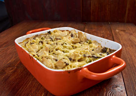 Tetrazzini is an American dish.Spaghetti with chicken, mushrooms and fresh grated parmesan cheese. baked noodle casseroleの写真素材