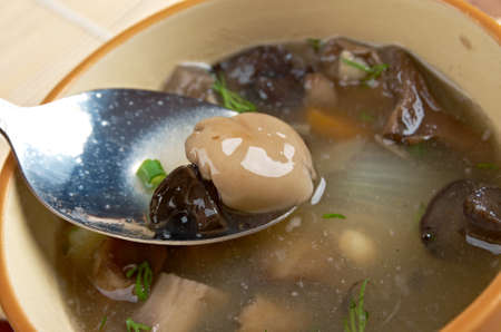 Russian sauerkraut soup with mushrooms and pearl barleyの写真素材