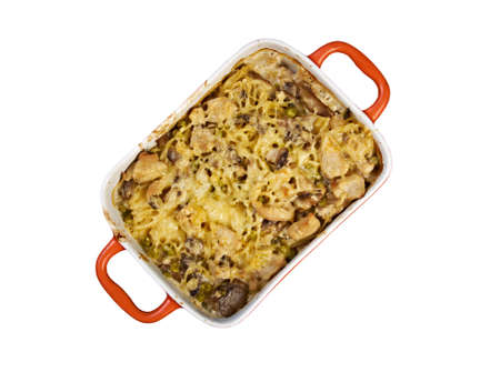 Tetrazzini is an American dish.Spaghetti with chicken, mushrooms and fresh grated parmesan cheese. baked noodle casserole. Isolatedの写真素材