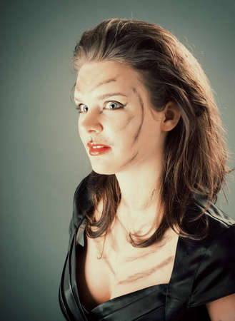 cat woman .girll in cat make-up and bodyartの写真素材