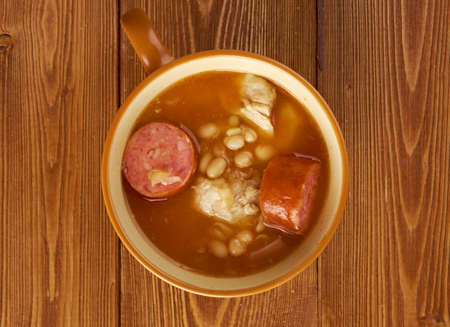 Fabada asturiana, often simply known as fabada,  Spanish bean stew native from Asturias Regionの写真素材