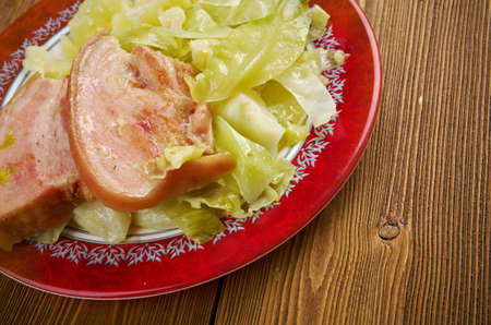Bacon and cabbage -  dish traditionally associated with Ireland. back bacon boiled with cabbage and potatoes.の写真素材