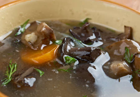 Russian sauerkraut soup with mushrooms and pearl barleyの写真素材