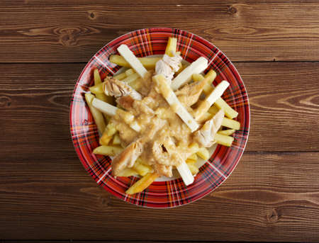 Poutine - common Canadian dish, originally from Quebec, made with french fries, topped with a light brown gravy-like sauce and cheese curdsの写真素材