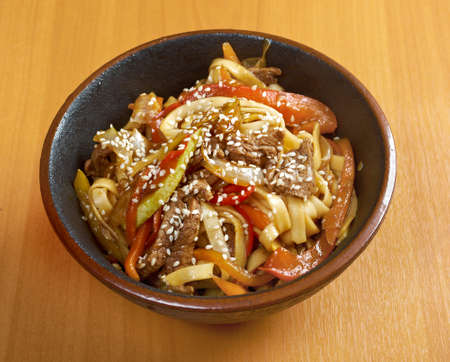 Cooking udon teppanyaki with pork , japanese cuisineの写真素材