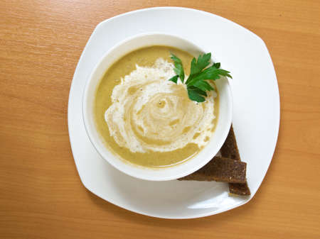 Broccoli cream soup on table. closeupの写真素材