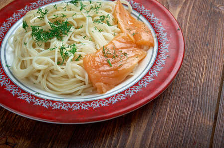 Pasta vermicelli with salmonの写真素材