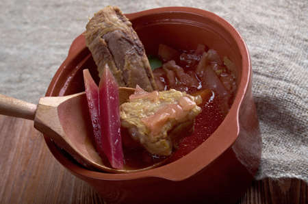 Eastern European beet soup with pork bellyの写真素材