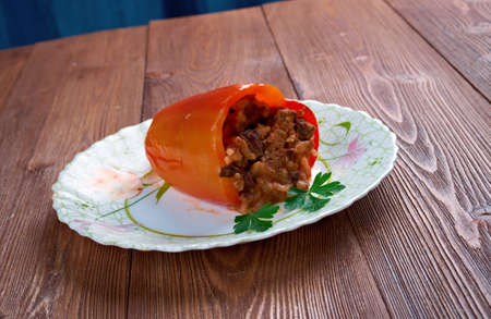 Stuffed paprika with liver, pork, rice and vegetables.Balkan cuisineの写真素材