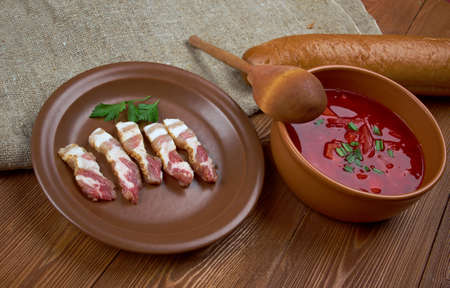 farmhouse kitchen lunch uncooked dried bacon and beet soup
