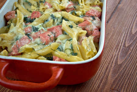 Sformato di pasta - baked penne pasta with sausage and onionsの写真素材