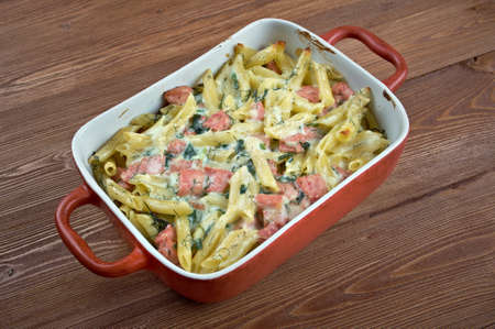 Sformato di pasta - baked penne pasta with sausage and onionsの写真素材