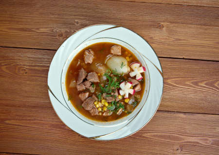 Pozole Ð Ð¾Ñ…Ð¾ - traditional soup Mexico.broth rich soup made with pork, red chiles,...
