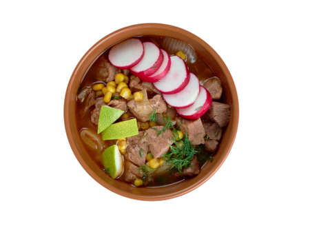 Pozole Ð Ð¾ÑÐ¾ - traditional soup Mexico.broth rich soup made with pork, red chiles, radishes, cilantroの写真素材