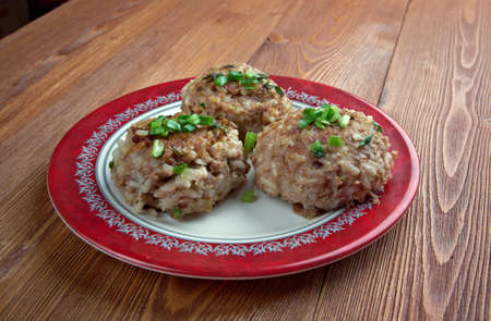 Dry meatballs with green onions. close upの写真素材