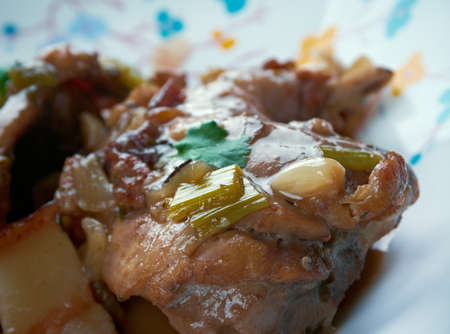 Hasenpfeffer - traditional German stew made from marinated made from wine rabbit  with onions.の写真素材