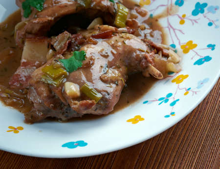 Hasenpfeffer - traditional German stew made from marinated made from wine rabbit  with onions.の写真素材