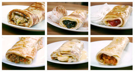 Food set of different rolled pancakes stuffed . collageの写真素材