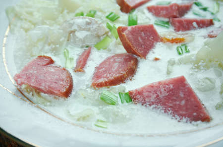 Creamy Cabbage  Kielbasa Soup - Polish soup with sausage and vegetablesの写真素材