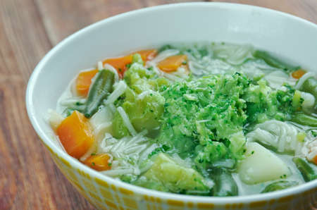 Minestrone alla genovese - Italian soup with pasta and pestoの写真素材