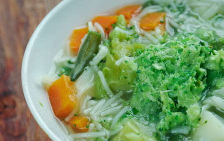Minestrone alla genovese - Italian soup with pasta and pestoの写真素材