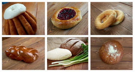 Food set russian bread and pastry. collage