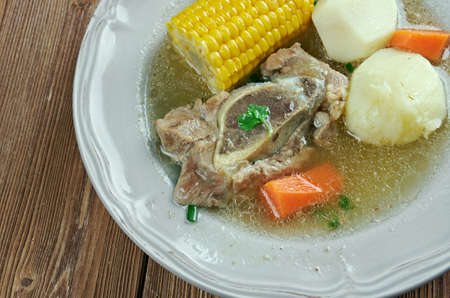 Puchero  sopa - stew originally from Spain, prepared in YucatÃ¡n, Mexico, Argentina, Colombia, Paraguay, Uruguay. basic ingredients of the broth are meat , bacon, cured bones and vegetablesの写真素材