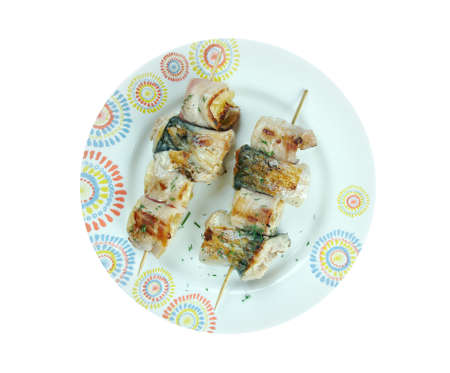 kebabs mackerel, banana and bacon.African cuisineの写真素材