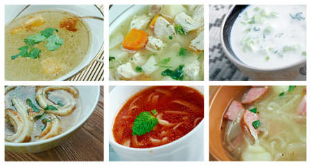 Food set of different traditional soups. collageの写真素材