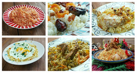 Food set of different  Oriental pilaf  . collage