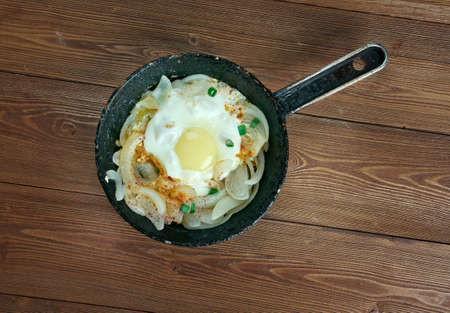 Turkish breakfast. Scrambled eggs with onion.SoganlÄ± yumurtaの写真素材