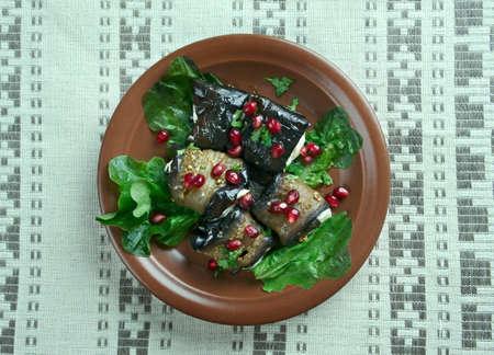 Badrijani -  Georgian dish made with fried eggplant stuffed with spiced walnut pasteの写真素材